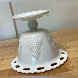 Indiana Glass Harvest Grapes Milk Glass Compote Candy Dish Ruffled Lace Edge VTG